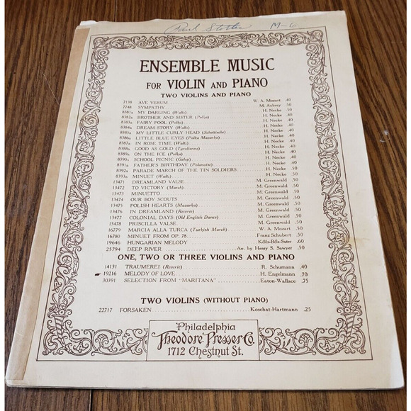 Melody Of Love Theodore Presser Ensemble Music for Violin and Piano Sheet Music - Picture 1 of 6